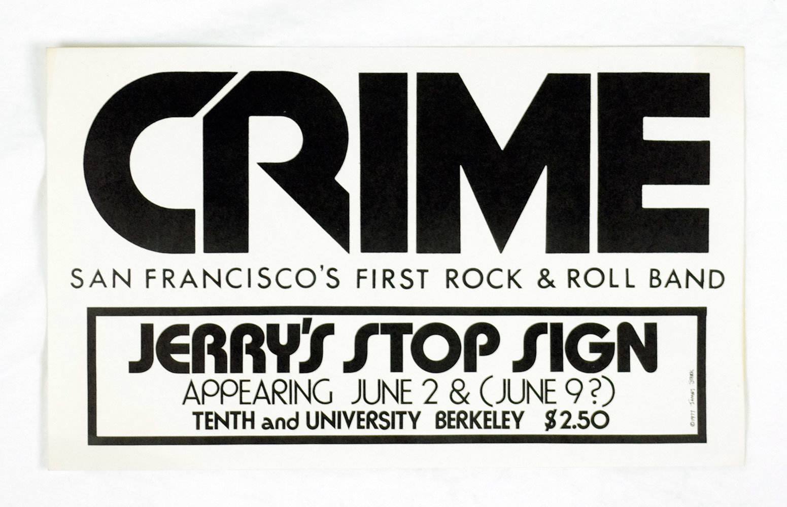 Crime Early American Punk Band Poster 1978 Jerry's Stop Sign Berkeley