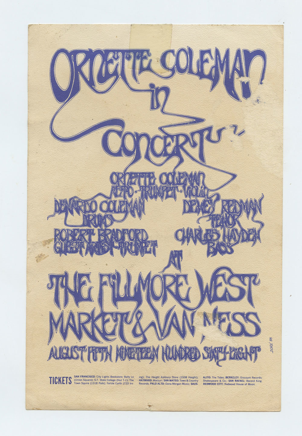 Ornette Coleman Handbill AOR 2.80 Fillmore San Francisco Fine