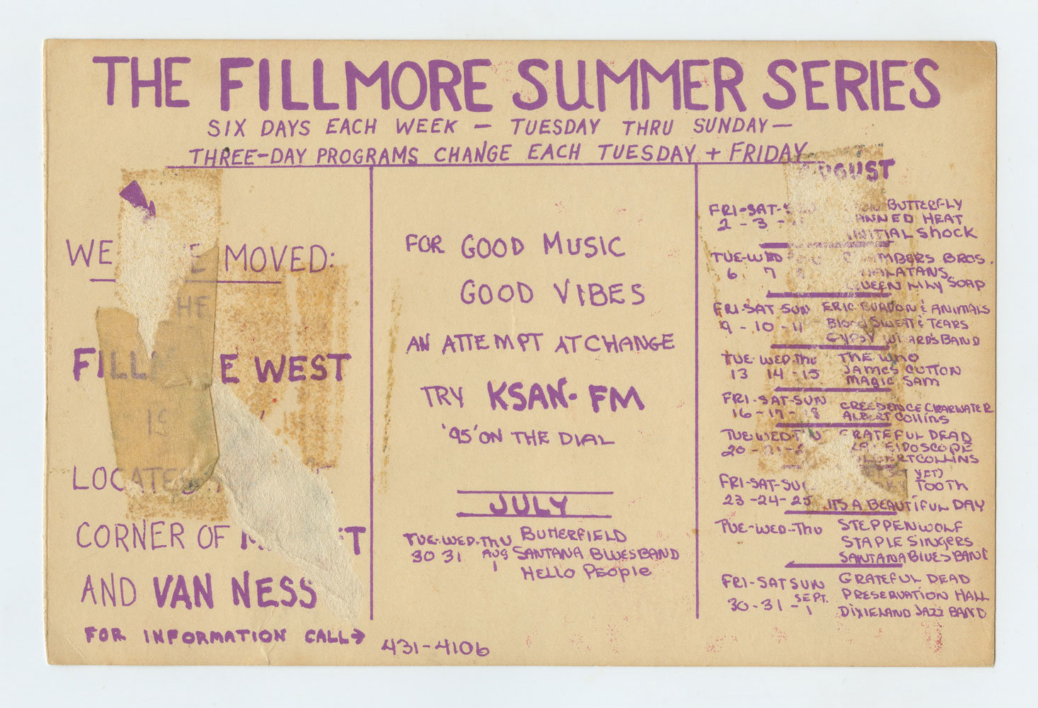 BG 131 Postcard Ad Back Santana 1969 Jul 10 Very Fine