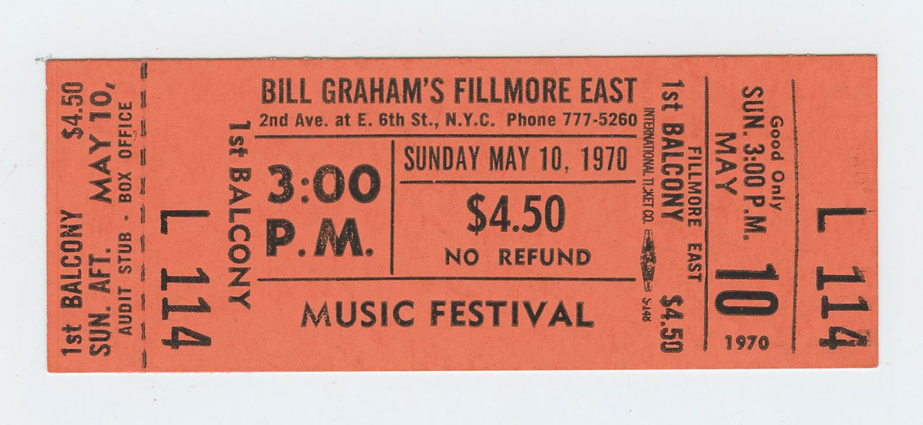 Bill Graham Fillmore East Vintage Ticket MUSIC FESTIVAL 1970 May 10 