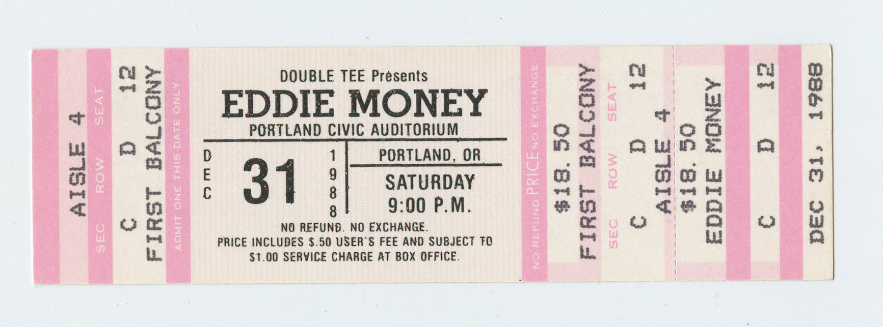 Eddie Money Vintage Ticket 1988 Dec 31 Starry Night Portland 