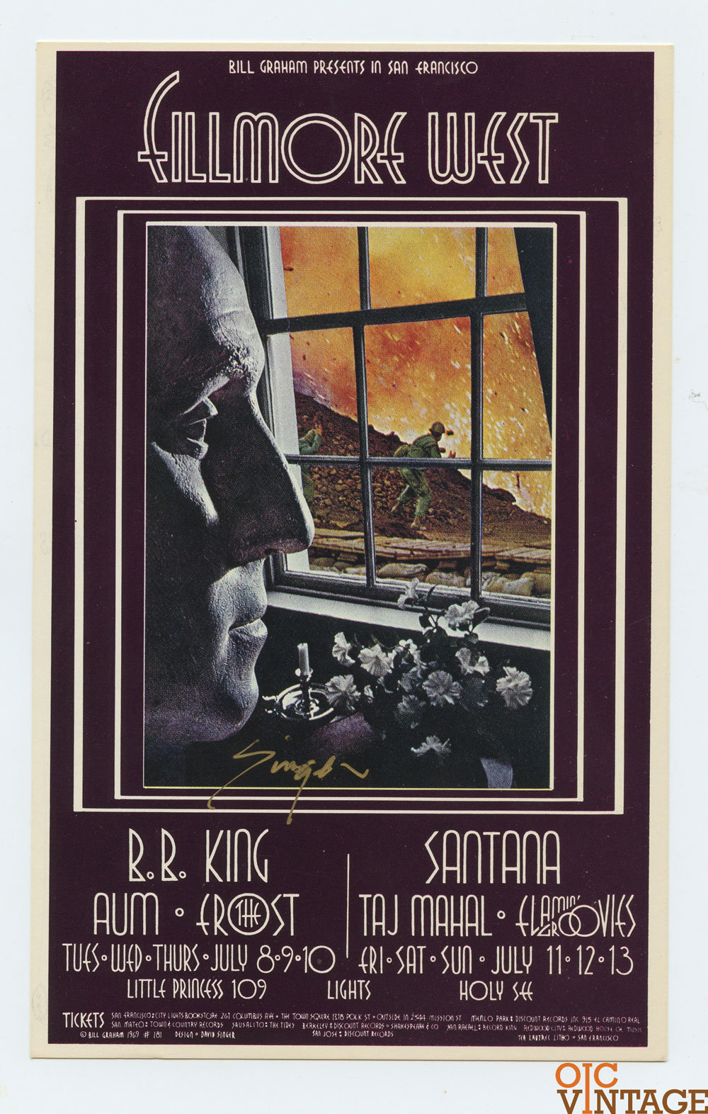 BG 181 Postcard B.B. King Santana 1969 Jul 8 David Singer signed