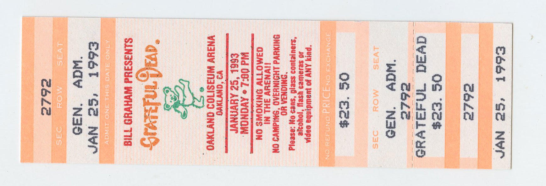 Grateful Dead Vintage Ticket 1993 Jan 25 Oakland Coliseum Arena 