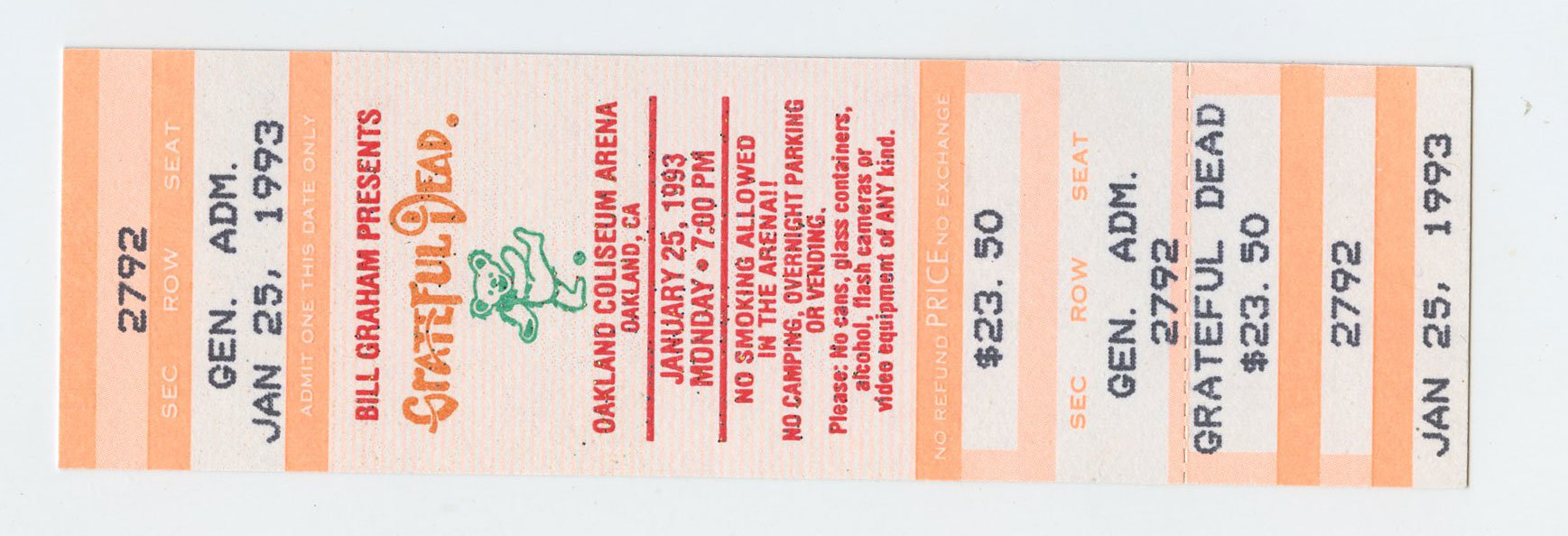 Grateful Dead Ticket Vintage 1993 Jan 25 Oakland Coliseum Arena 