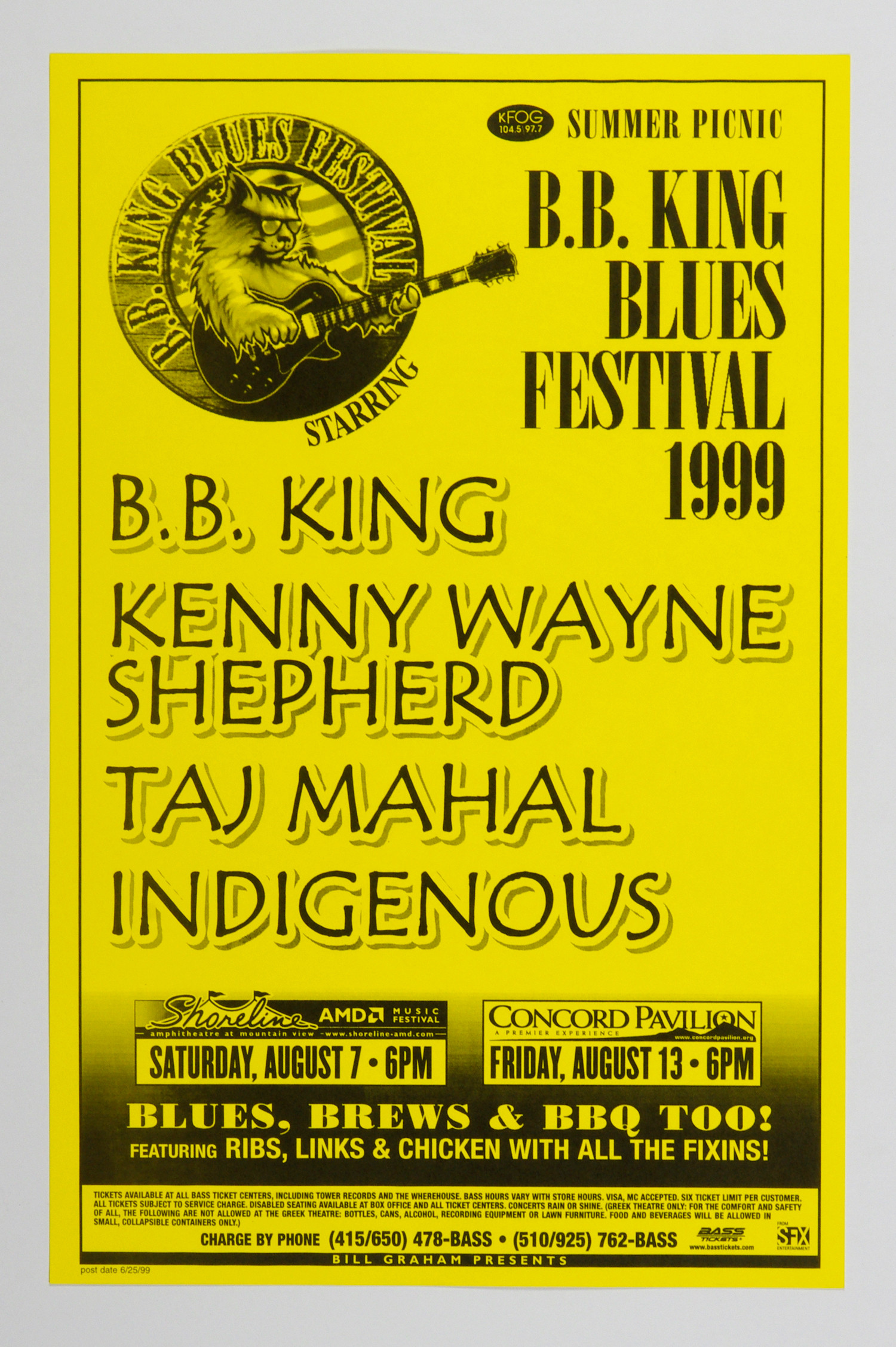 B. B. King Poster 1999 Aug 7 Shoreline Amphitheatre Concord Pavilion