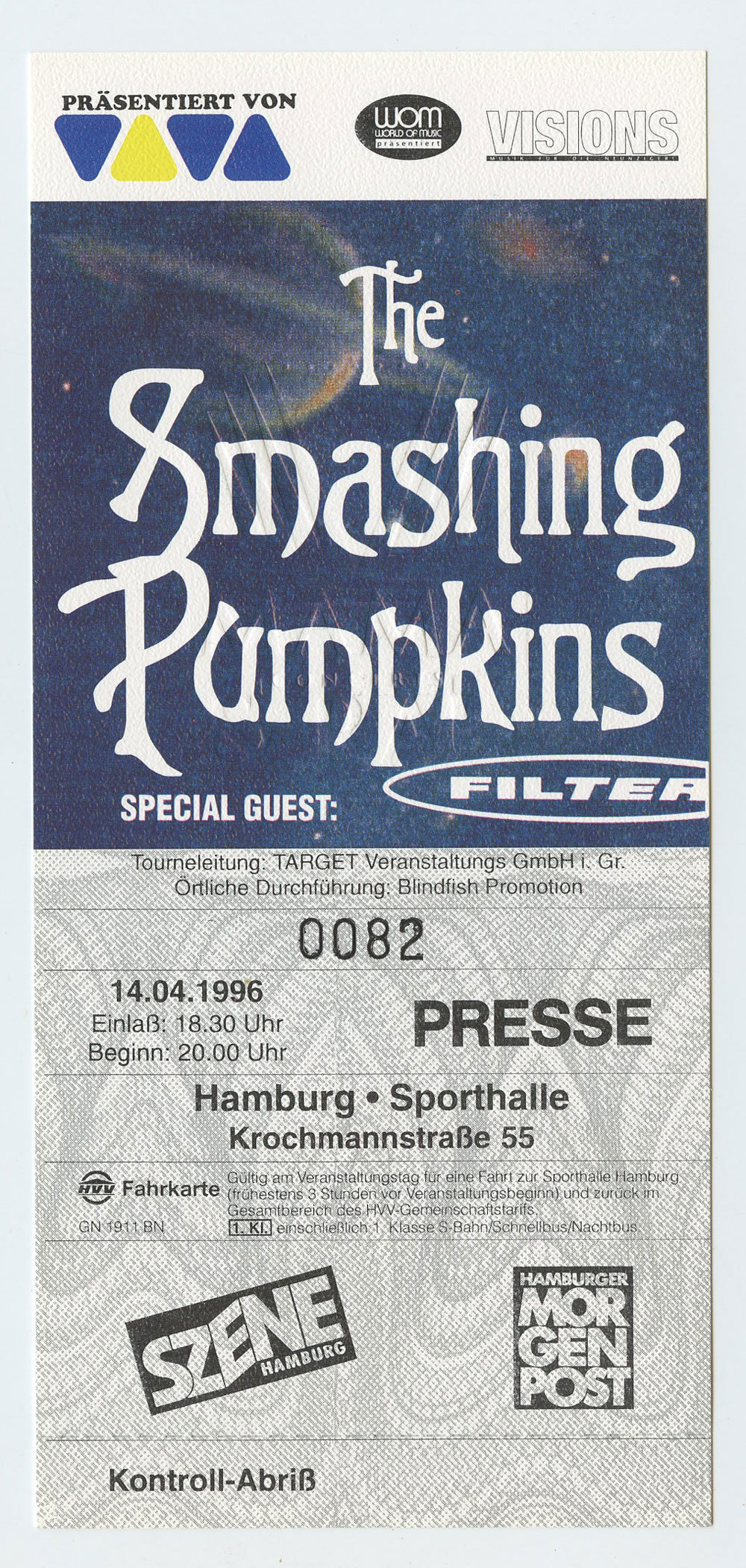Smashing Pumpkins Ticket Vintage 1996 Apr 14 Hamburg Germany 