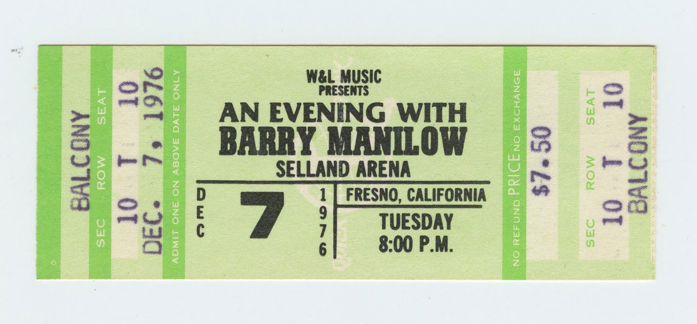 Barry Manilow Vintage Ticket 1976 Dec 7 Selland Arena Fresno Ca  