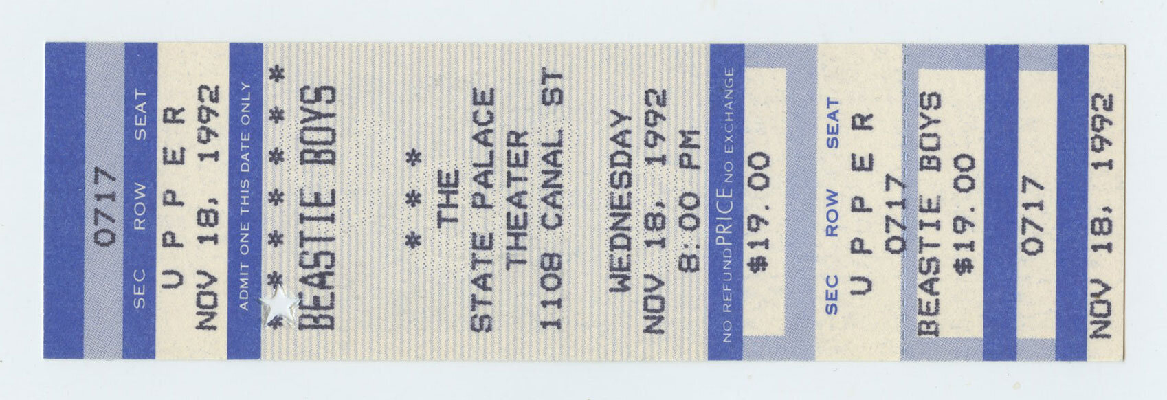 Beastie Boys Vintage Ticket 1992 Nov 18 The State Palace New Orleans
