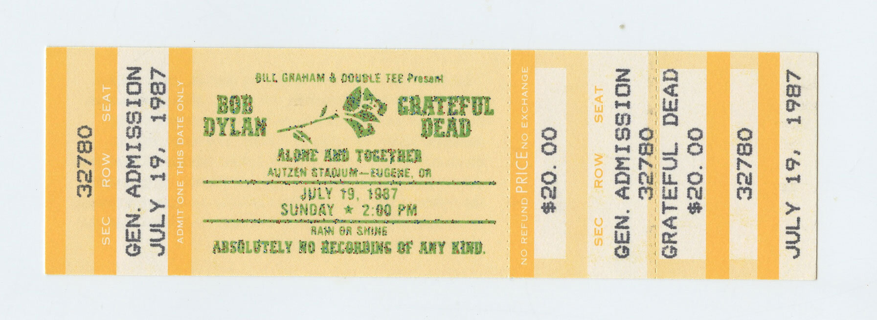 Bob Dylan Vintage Ticket w/ Grateful Dead 1987 Jul 19 Autzen Stadium Eugene OR 