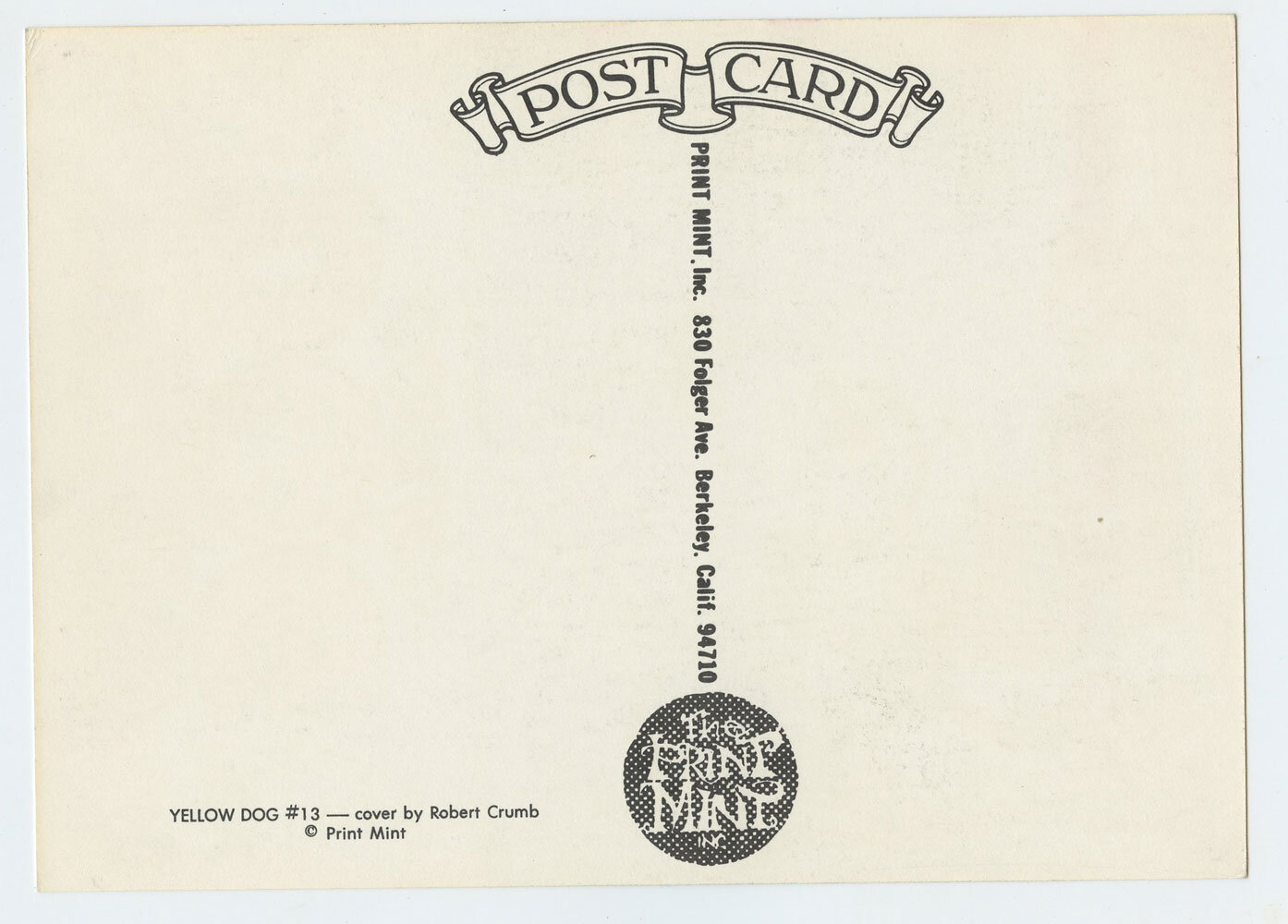 Robert Crumb Postcard Yellow Dog Underground Comix Promotion 1970