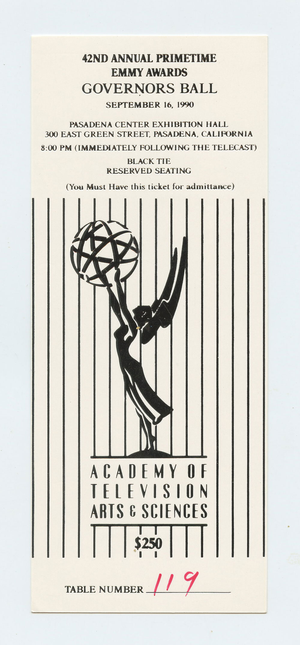 Emmy Awards Governors Ball ticket 1990 42nd Annual 