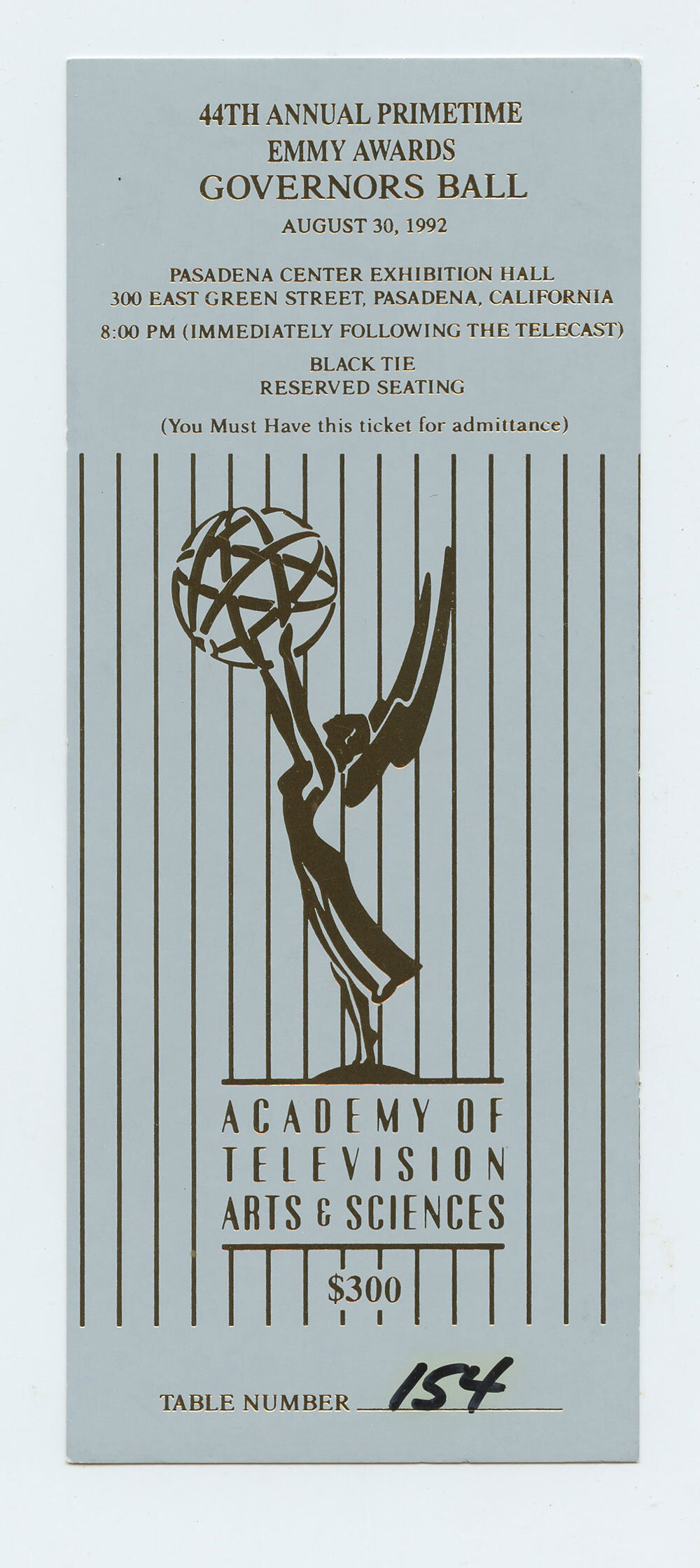 Emmy Awards Governors Ball ticket 1992 44th Annual