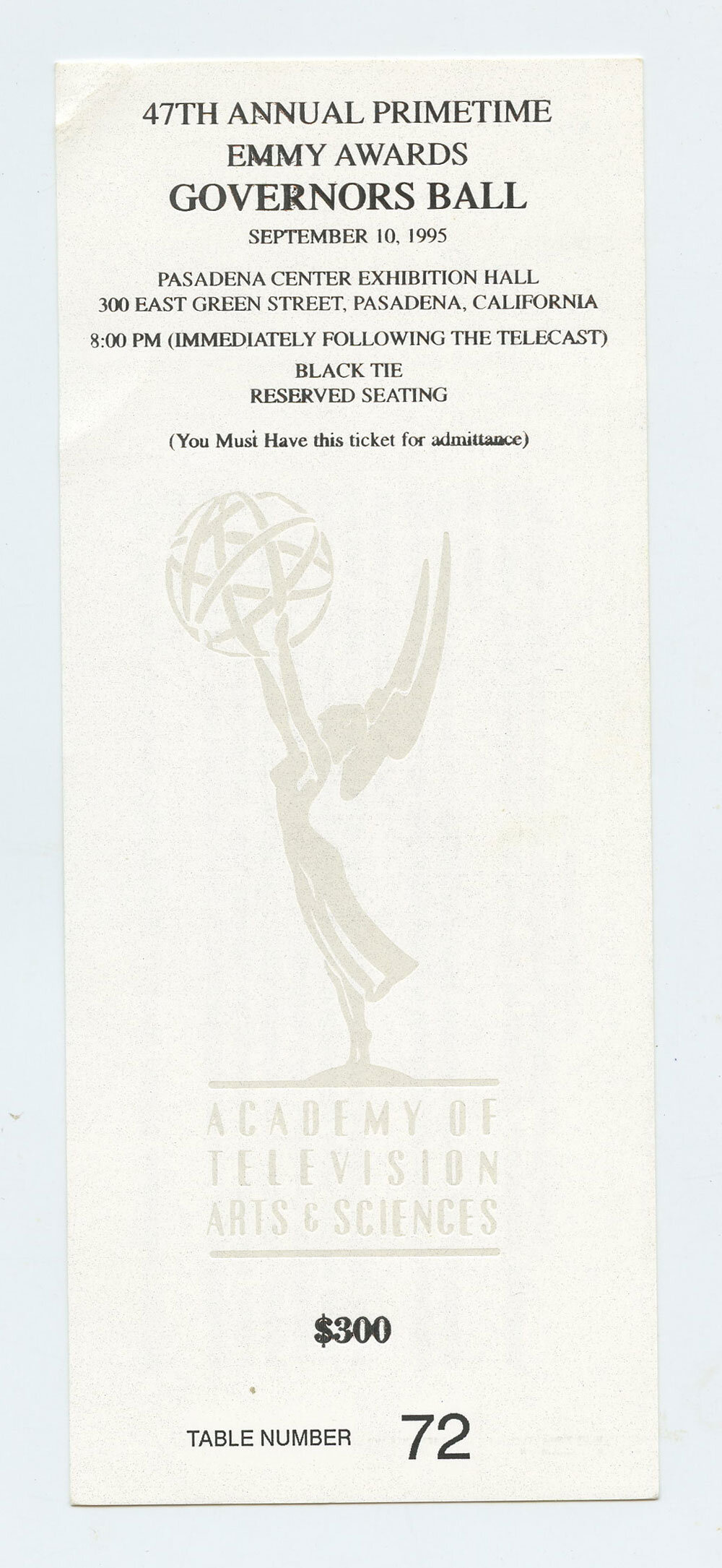 Emmy Awards Governors Ball ticket 1995 47th Annual