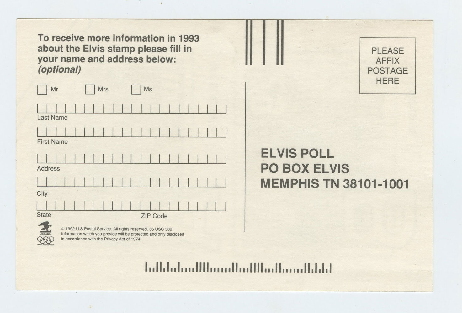 Elvis Presley Postcard 1992 Official Ballot USPS Postage Stamp Elvis Poll