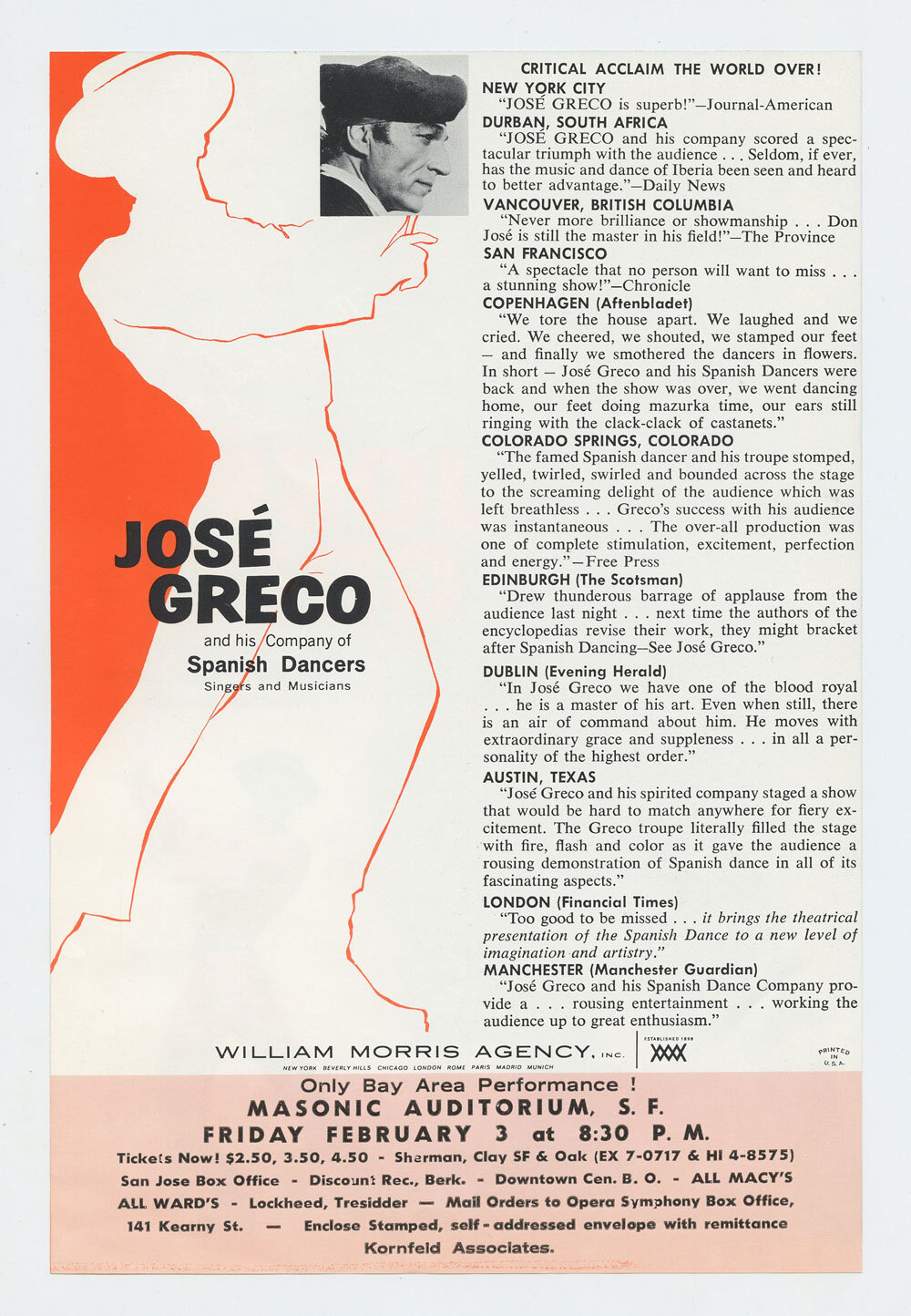 Jose Greco Handbill 1961 Feb 3 Masonic Auditorium San Francisco
