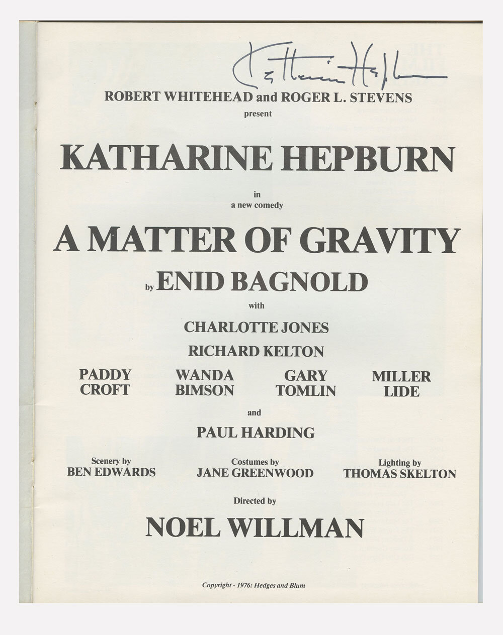 Katharine Hepburn Program Autographed 1976 A Matter of Gravity
