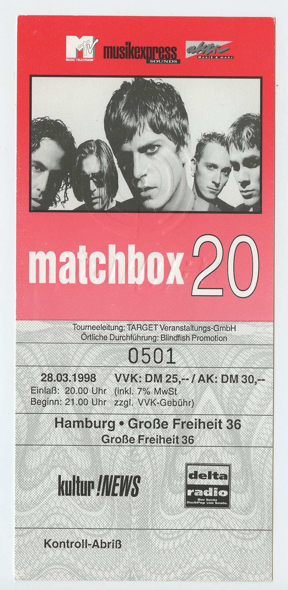 Matchbox 20 Ticket Vintage 1996 Mar 28 Hamburg Germany 