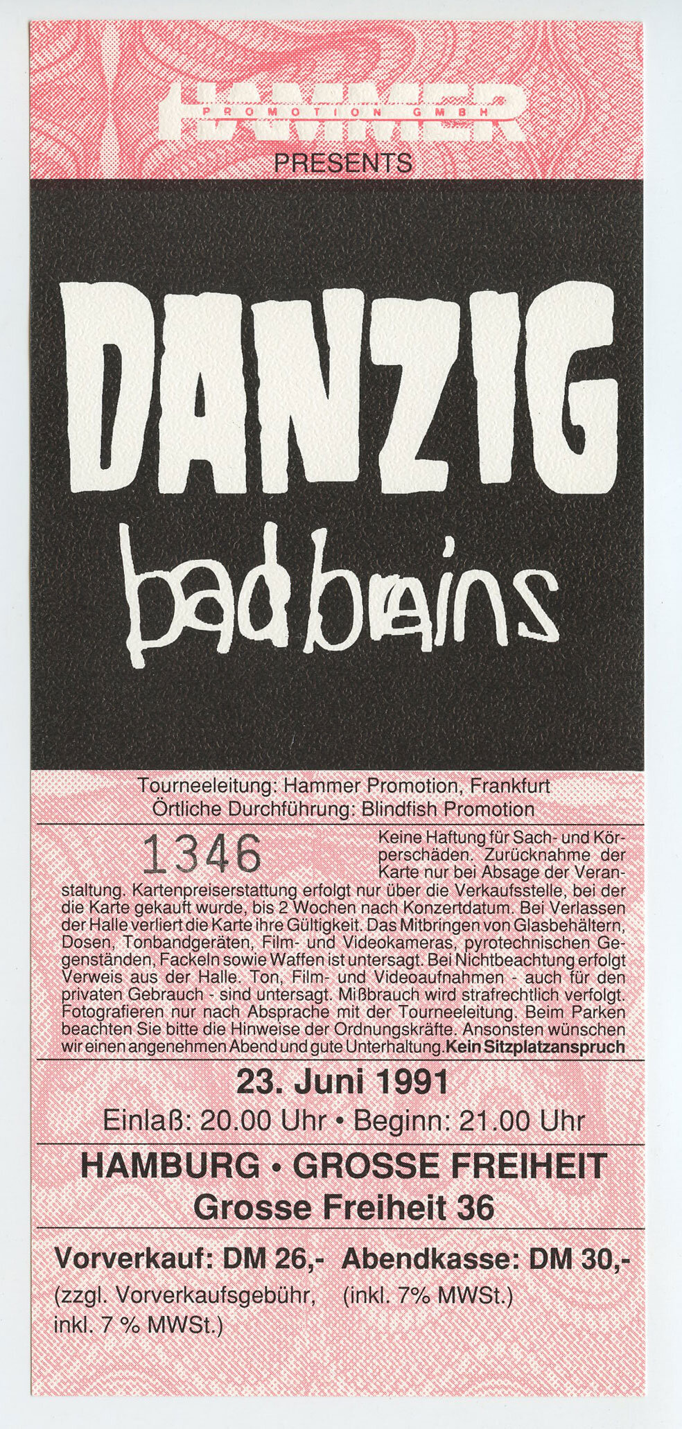 DANZIG Vintage Ticket Bad Brains Tour 1991 Jun 23 Hamburg Germany 