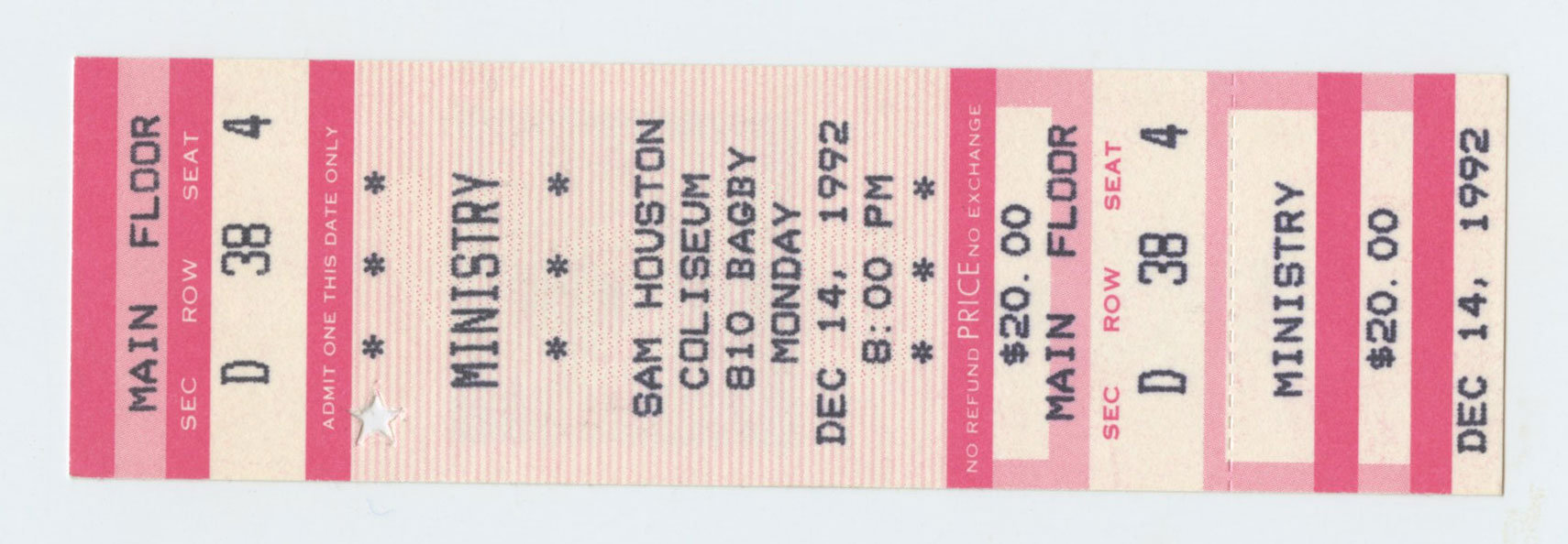 Ministry Ticket Vintage 1992 Dec 14 Sam Houston Coliseum 