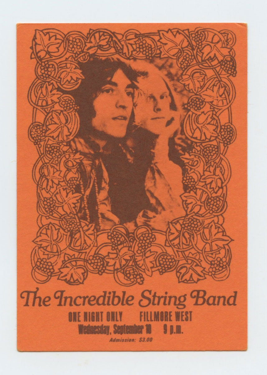 The Incredible String Band Vintage Ticket 1969 Sep 10 Fillmore West San Francisco