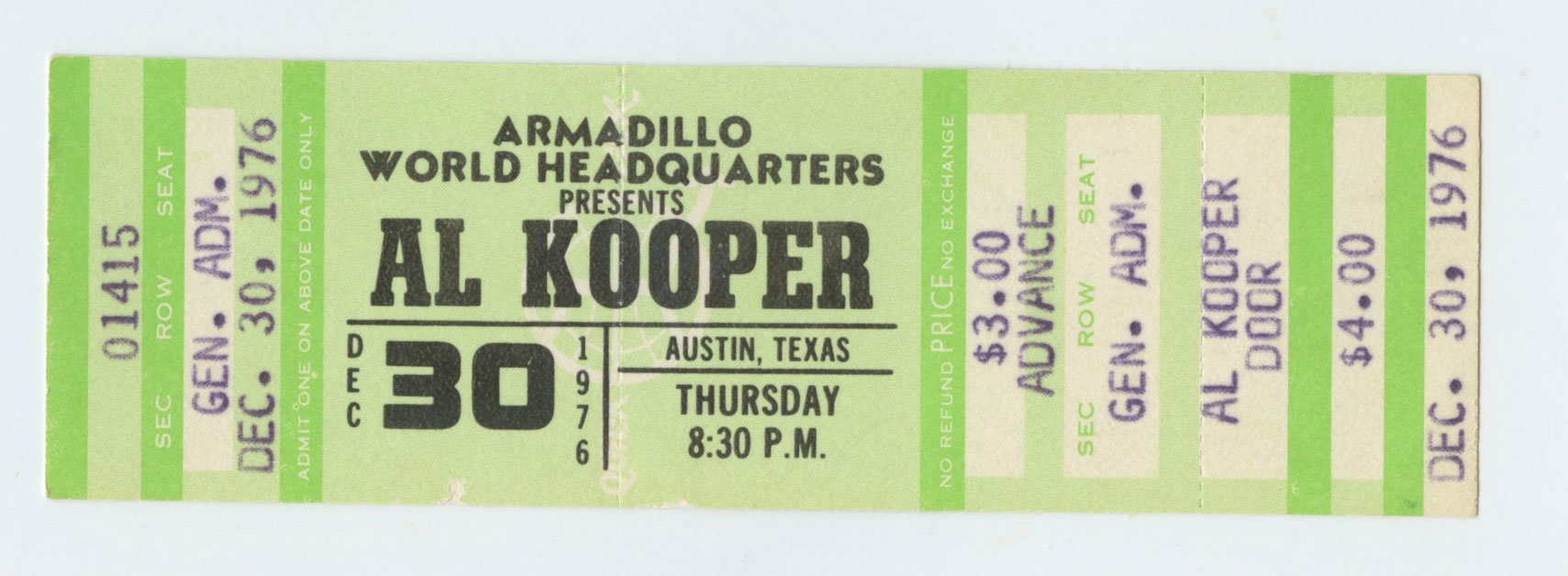 AL KOOPER Vintage Ticket 1976 Dec 30 Austin TX 