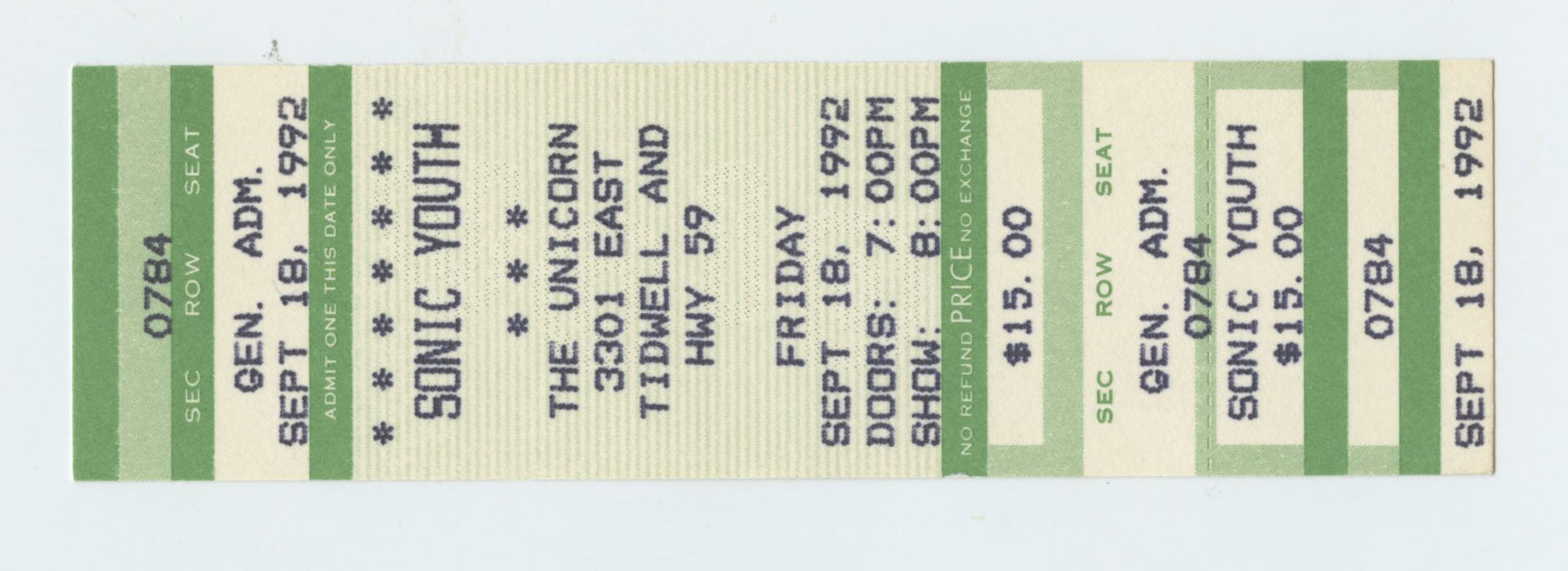 Sonic Youth Ticket Vintage 1992 Sep 18 The Unicorn Houston