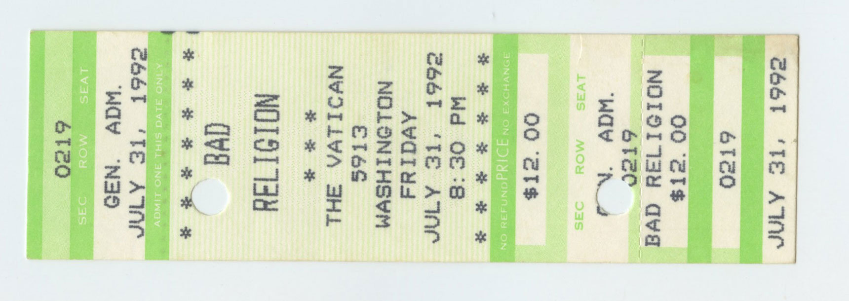 Bad Religion Vintage Ticket Stub 1992 Jul 31 The Vatican Houston