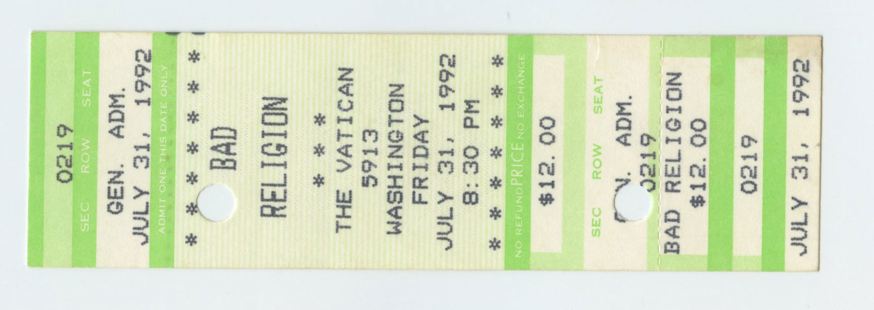 Bad Religion Ticket Stub 1992 Jul 31 The Vatican Houston
