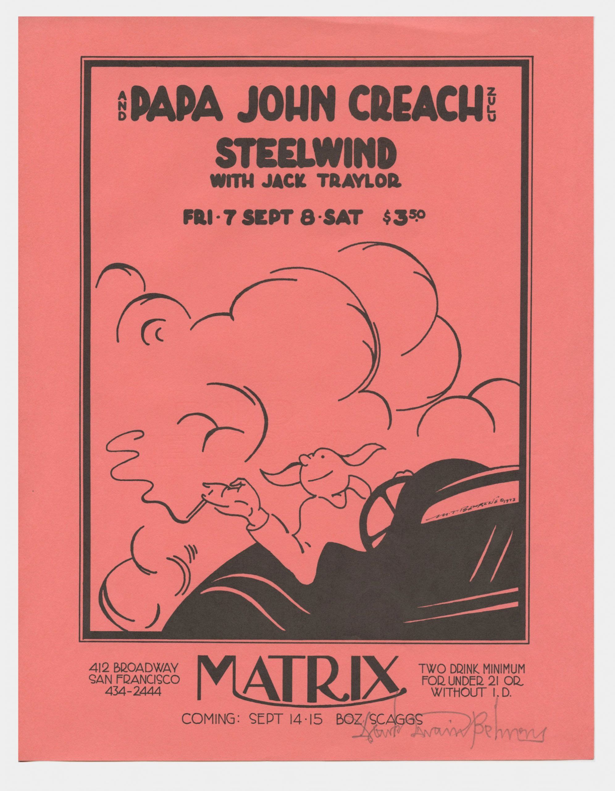 Matrix Handbill 1973 Papa John Creach Steelwind with Jack Taylor Mark T Behrens signed
