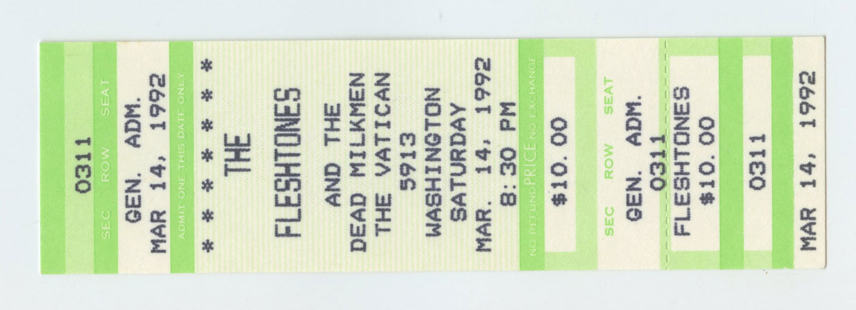 Fleshtones Vintage Ticket 1992 Mar 14 The Vatican Houston 
