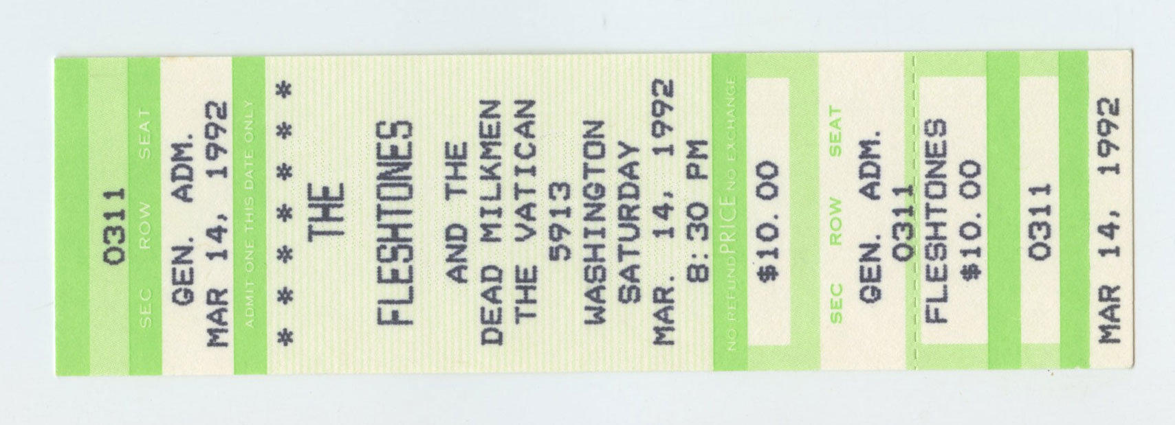 Fleshtones Ticket Vintage 1992 Mar 14 The Vatican Houston 