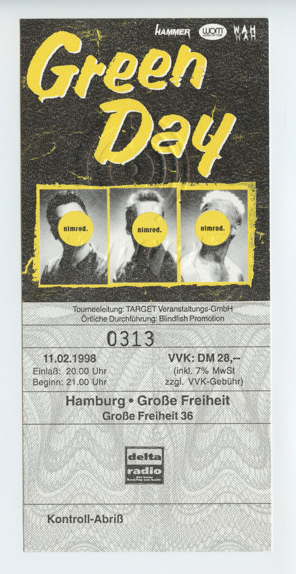 Green Day Ticket Vintage 1998 Feb 11 Hamburg Germany 