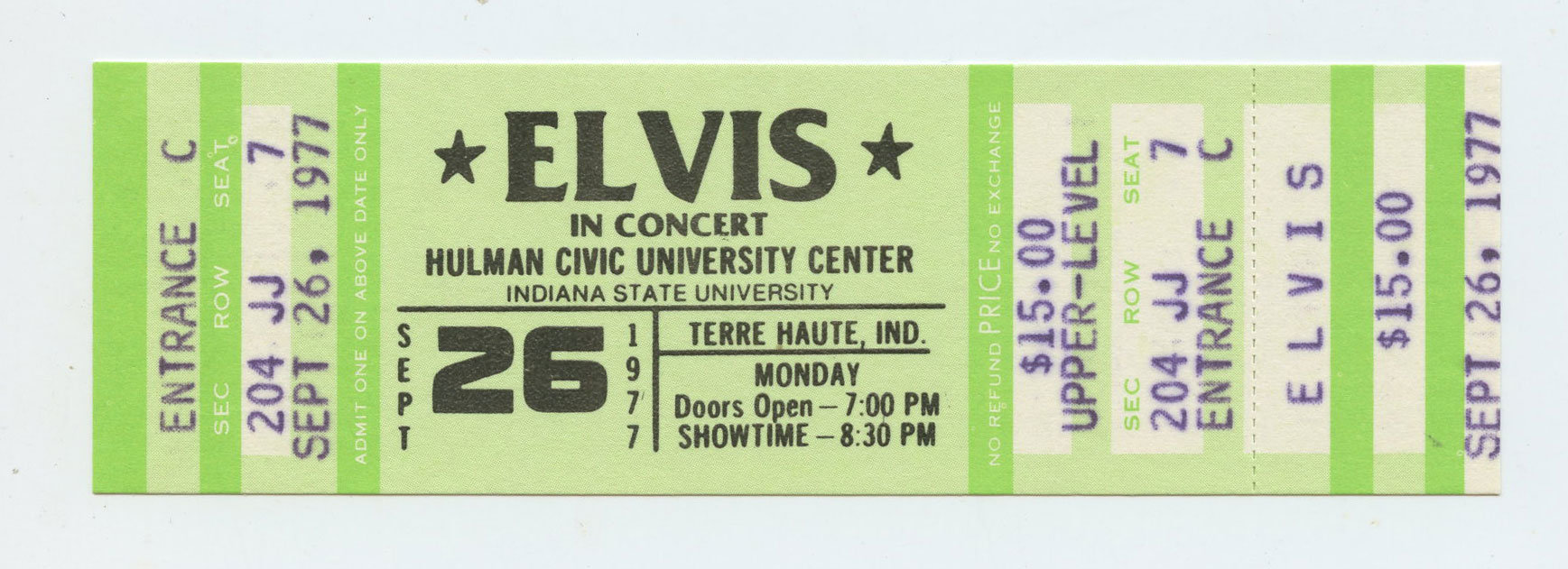 Elvis Presley Vintage Ticket 1977 Sep 26 Indiana State University  Concert