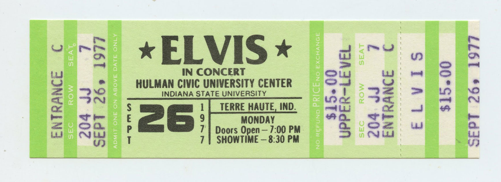 Elvis Presley Ticket Vintage 1977 Sep 26 Indiana State University  Concert