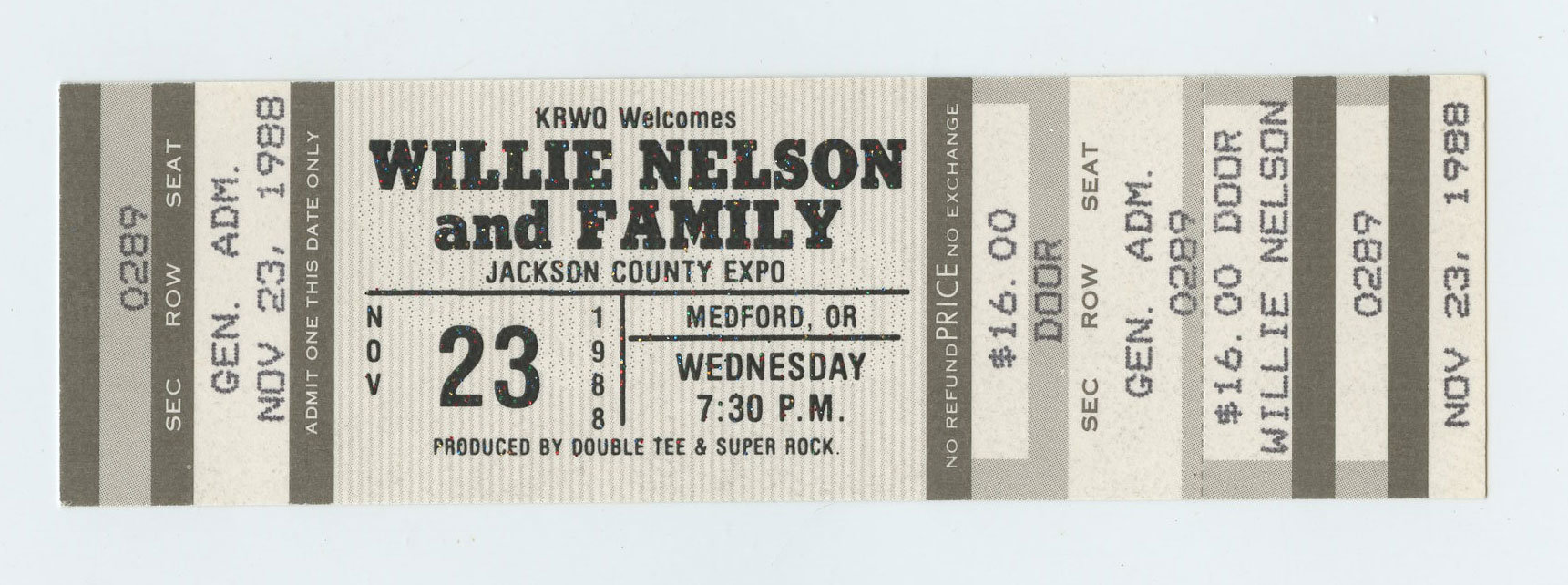Willie Nelson Ticket Vintage 1988 Nov 23 Medford OR 