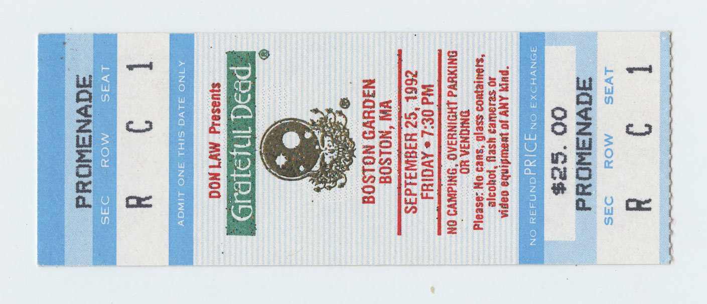 Grateful Dead Ticket Stub 1992 Sep 25 Boston Garden Boston MA 