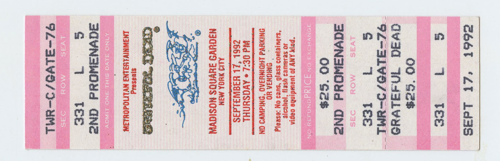 Grateful Dead Ticket Vintage 1992 Sep 17 Madison Square Garden NY 