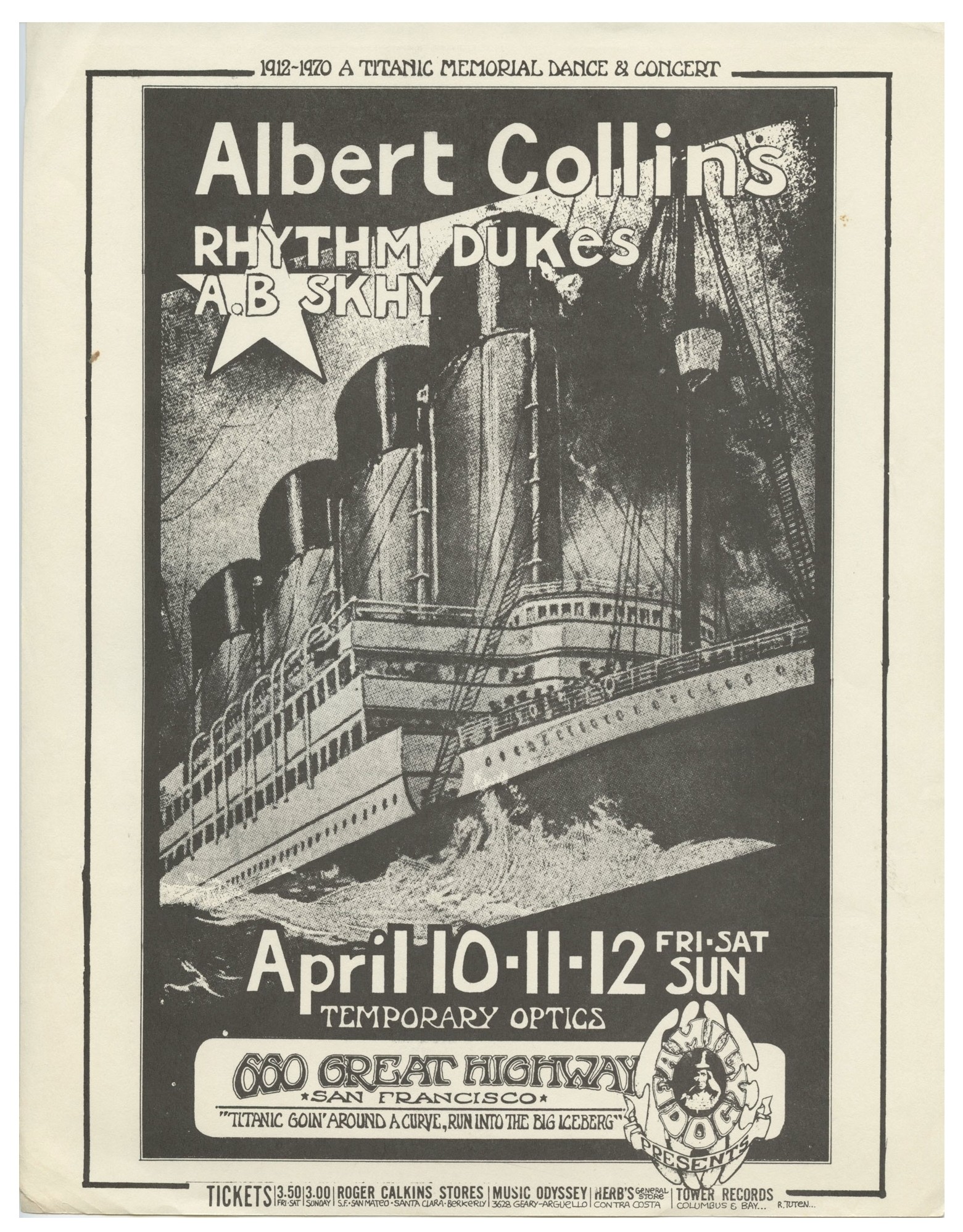 Albert Collins Handbill Titanic Memorial Party 1970 Apr 10 Randy Tuten