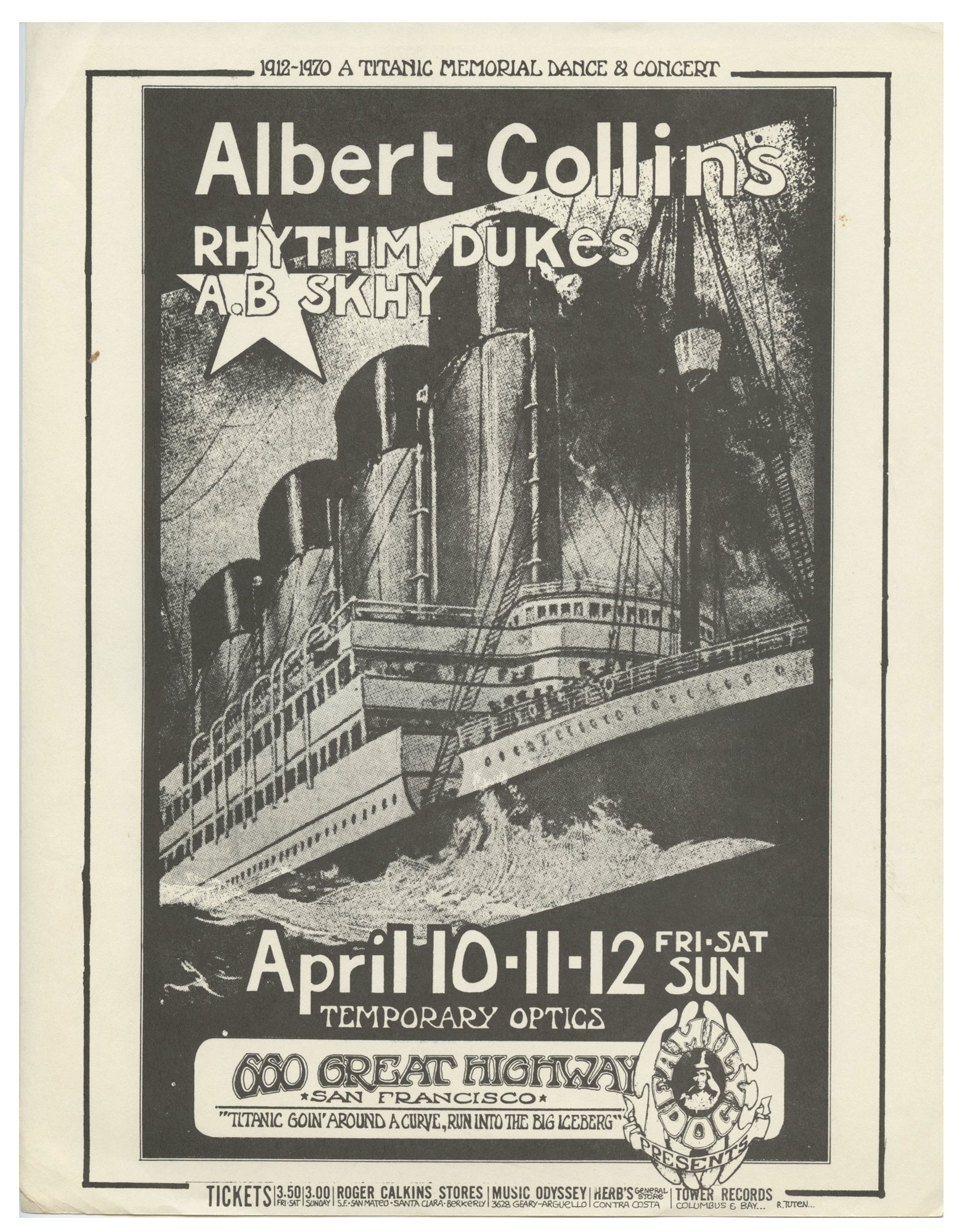 Albert Collins Handbill Rhythm Dukes 1970 Titanic Memorial Concert Randy Tuten