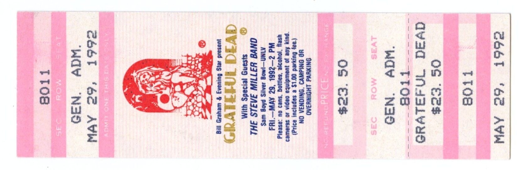 Grateful Dead Vintage Ticket 1992 May 29 Las Vegas Sam Boyd Silver Bowl 