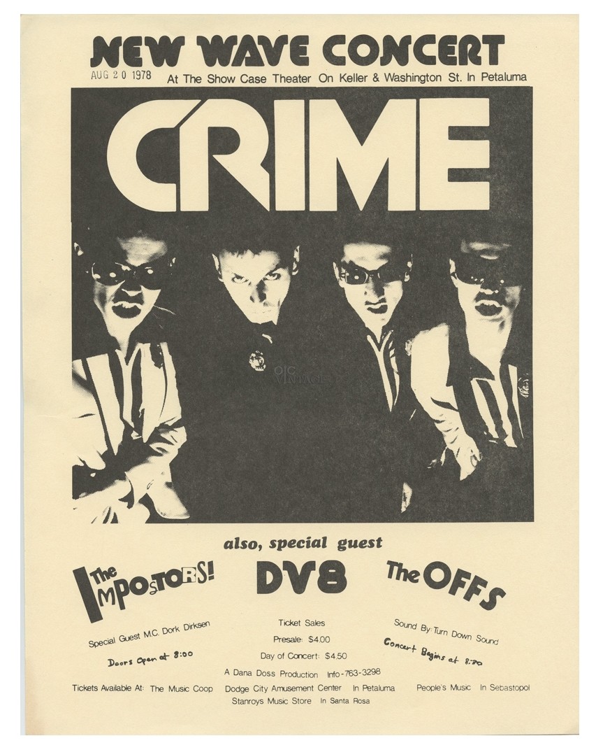 Crime Early American Punk Band  Handbill 1978 Show Case Theater Petaluma