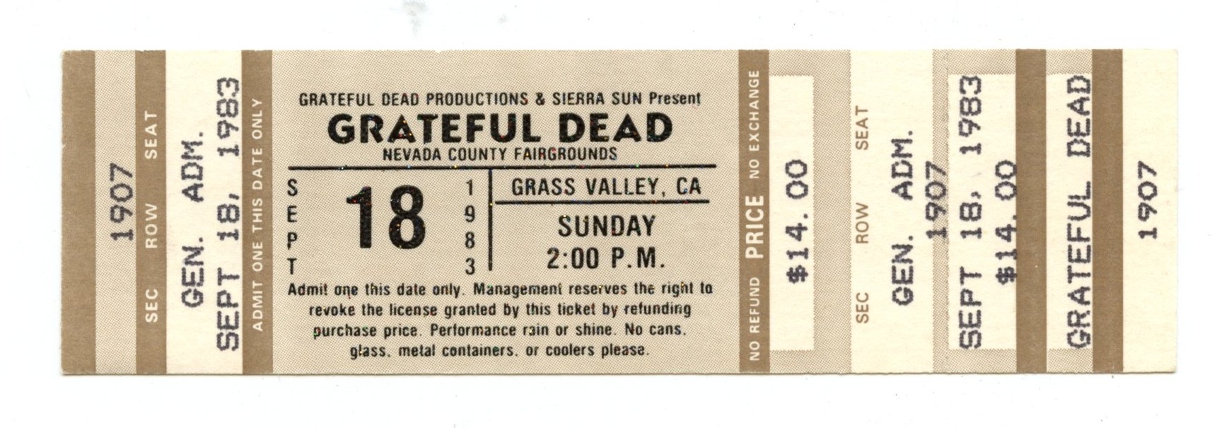 Grateful Dead Vintage Ticket 1983 Sep 18 Nevada County Fairground 