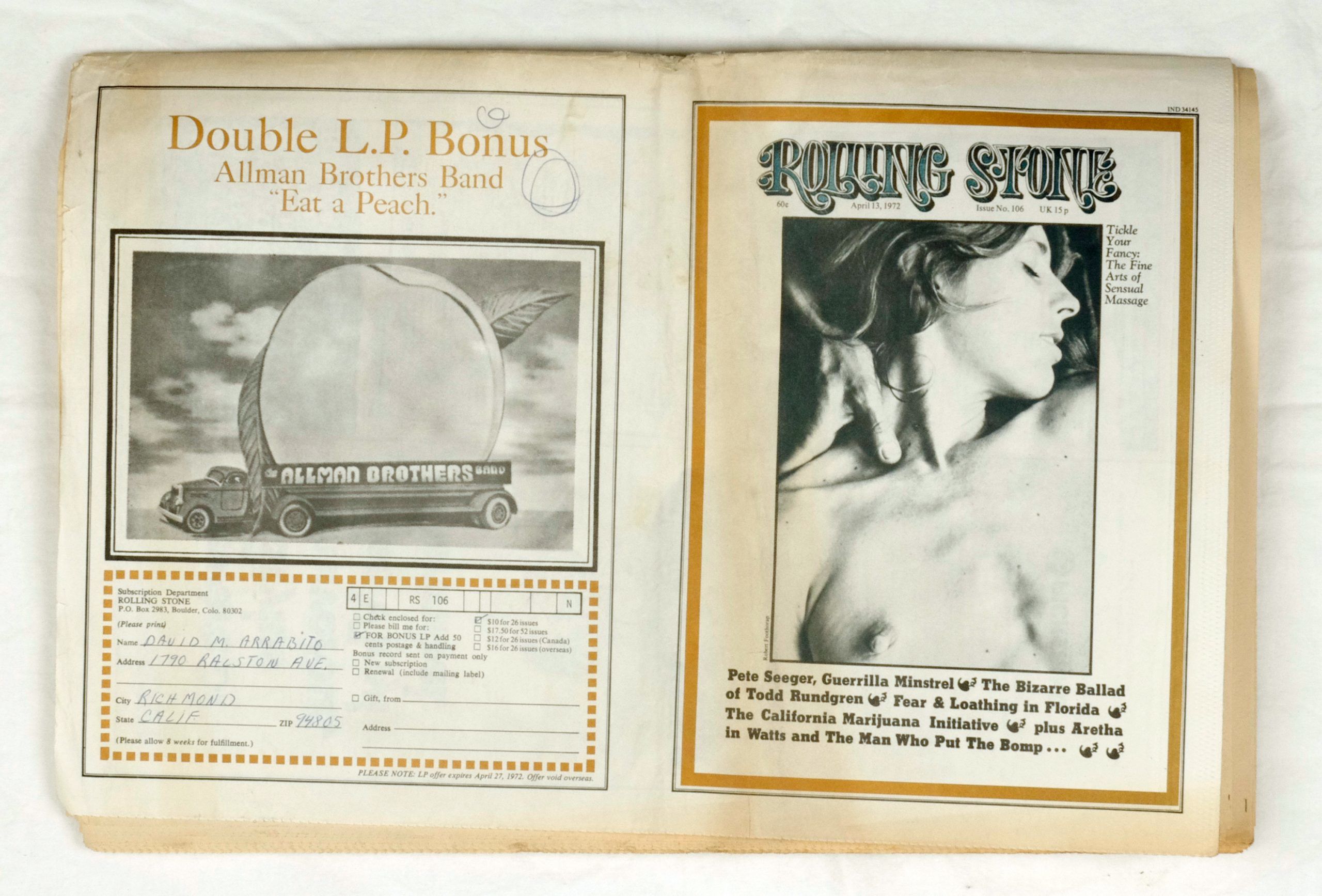 Rolling Stone Magazine Back Issue 1972 April 13 No 106 The Fine Art of Sensual Massage 