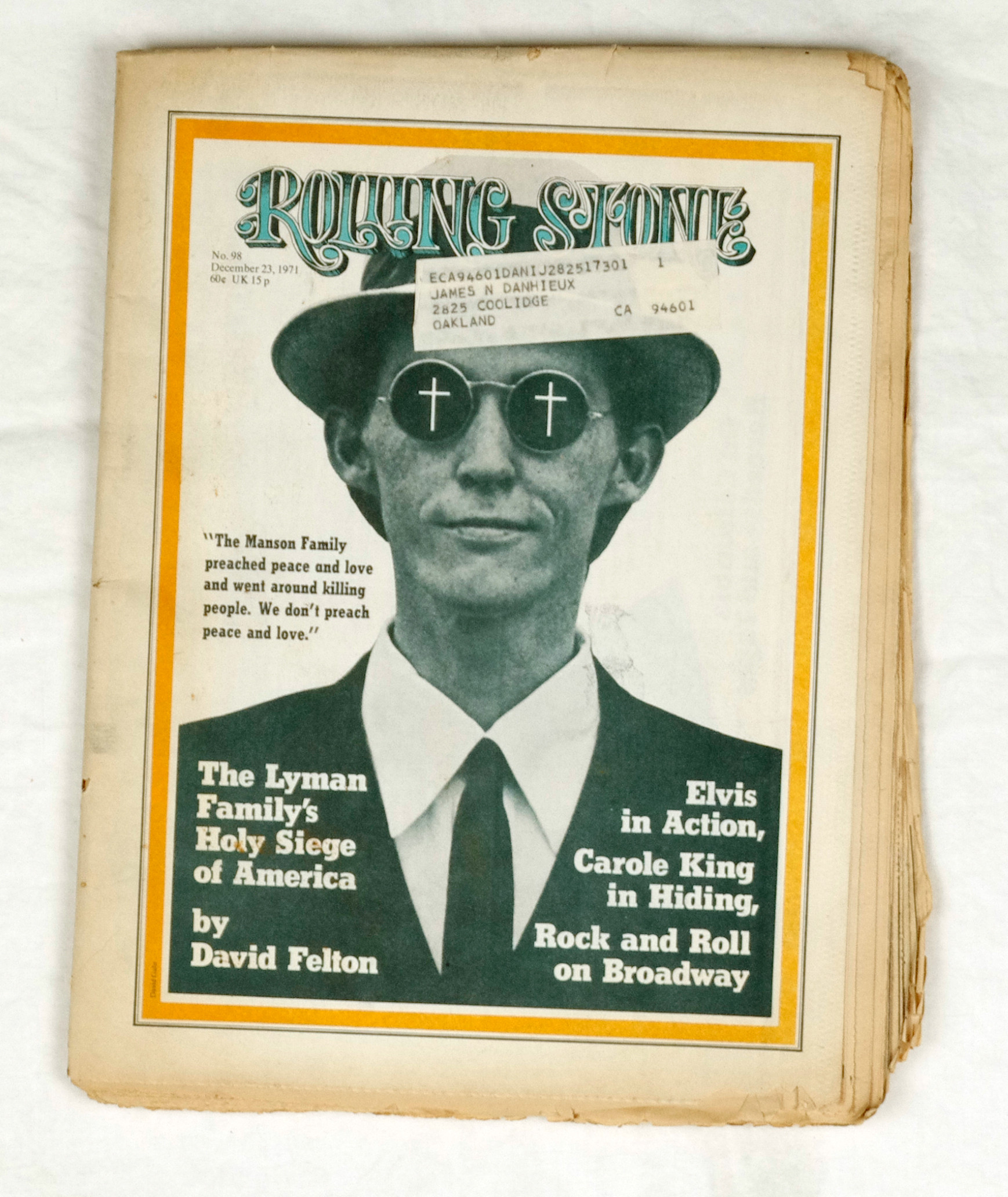 Rolling Stone Magazine  Back Issue 1971 Dec 23 No. 98 Mel Lyman 
