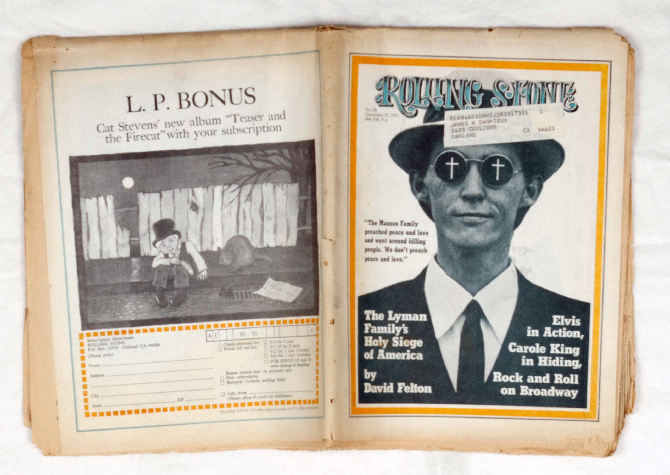 Rolling Stone Magazine  Back Issue 1971 Dec 23 No. 98 Mel Lyman 