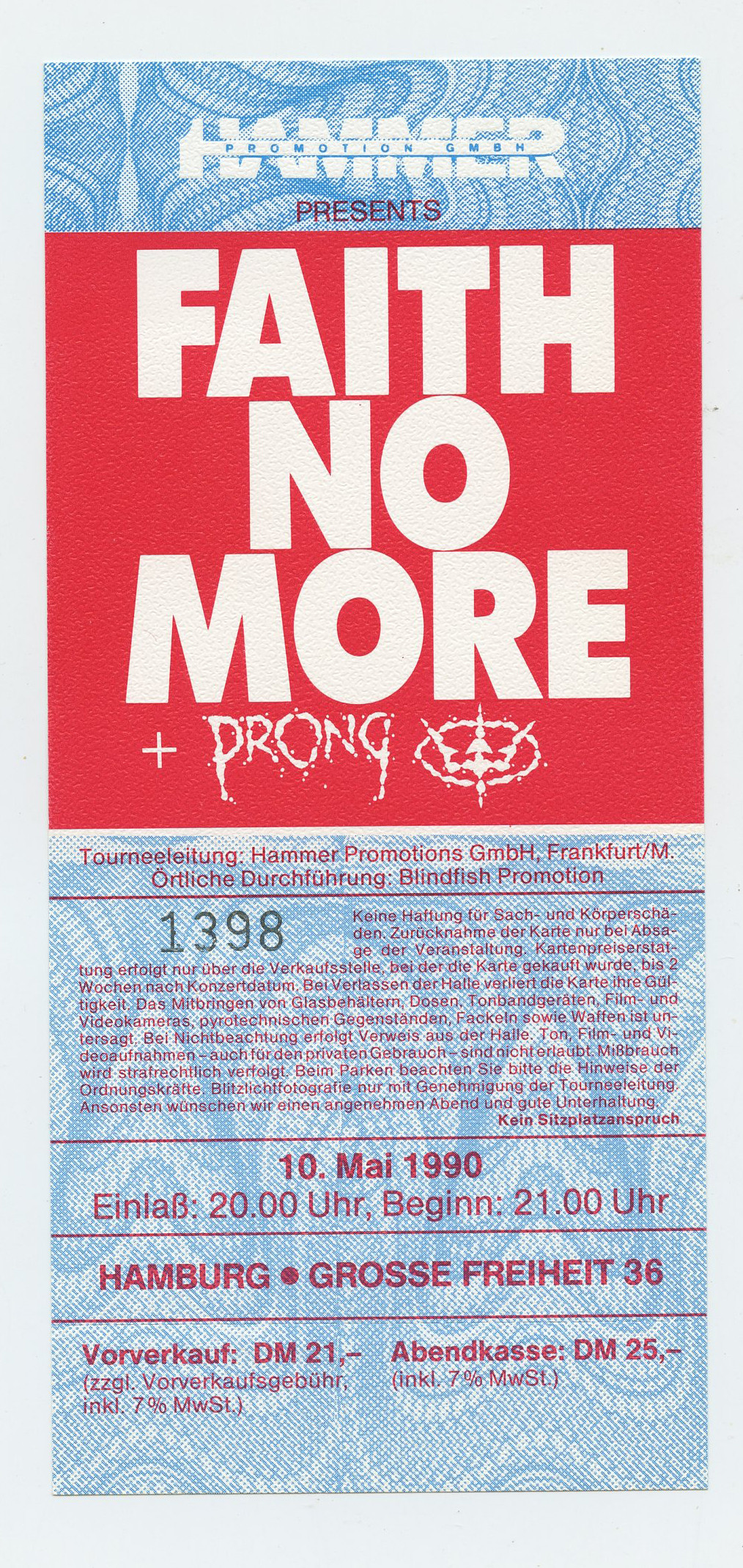 Faith No More Vintage Ticket 1990 May 10 Hamburg Germany 