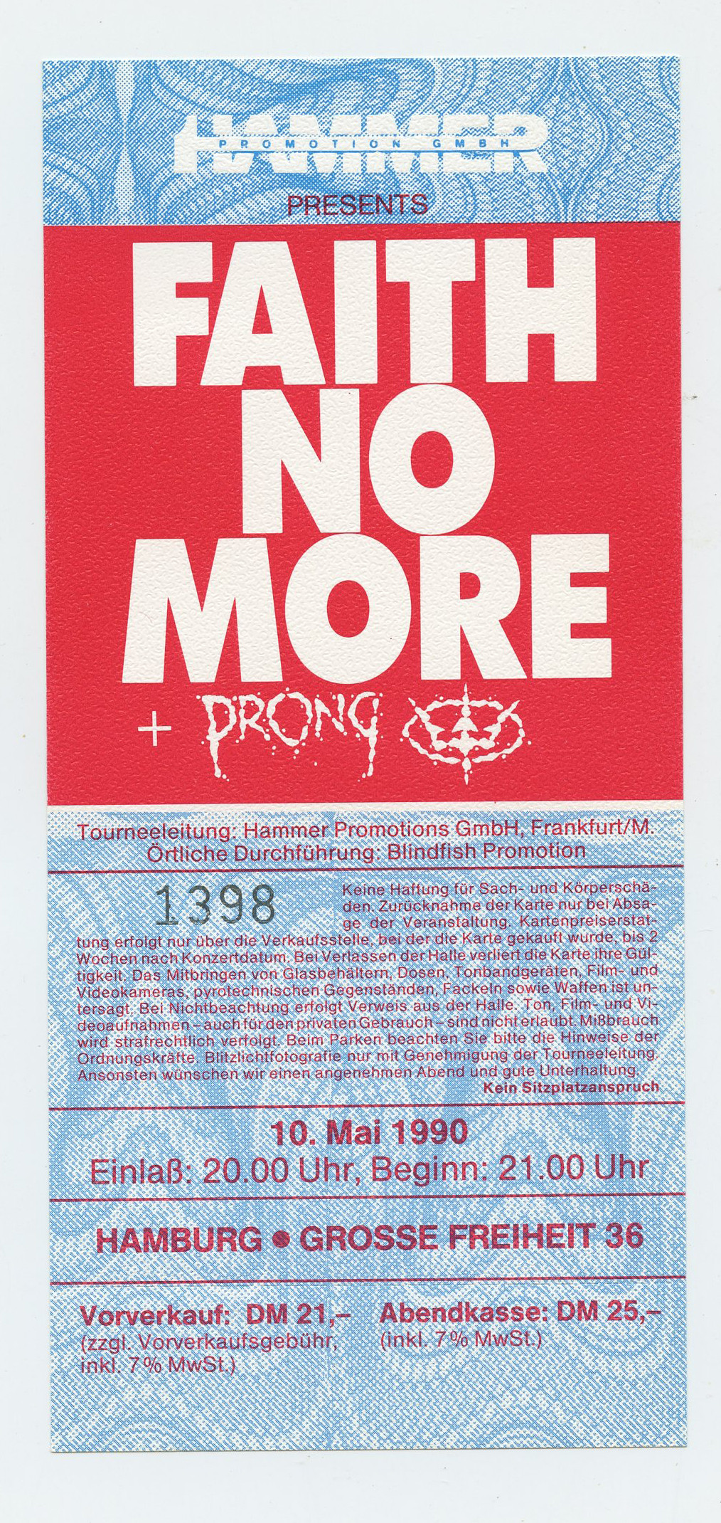 Faith No More Ticket Vintage 1990 May 10 Hamburg Germany 