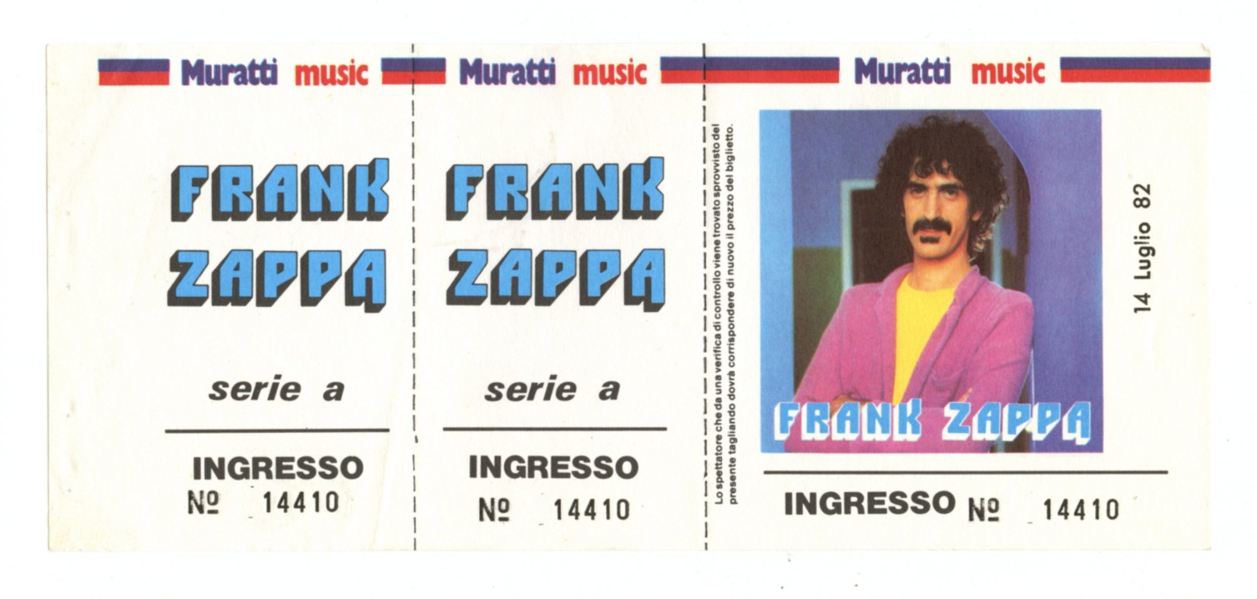 Frank Zappa Vintage Ticket 1982 Jul 14 Stadio Communale Favorita Palermo Italy 