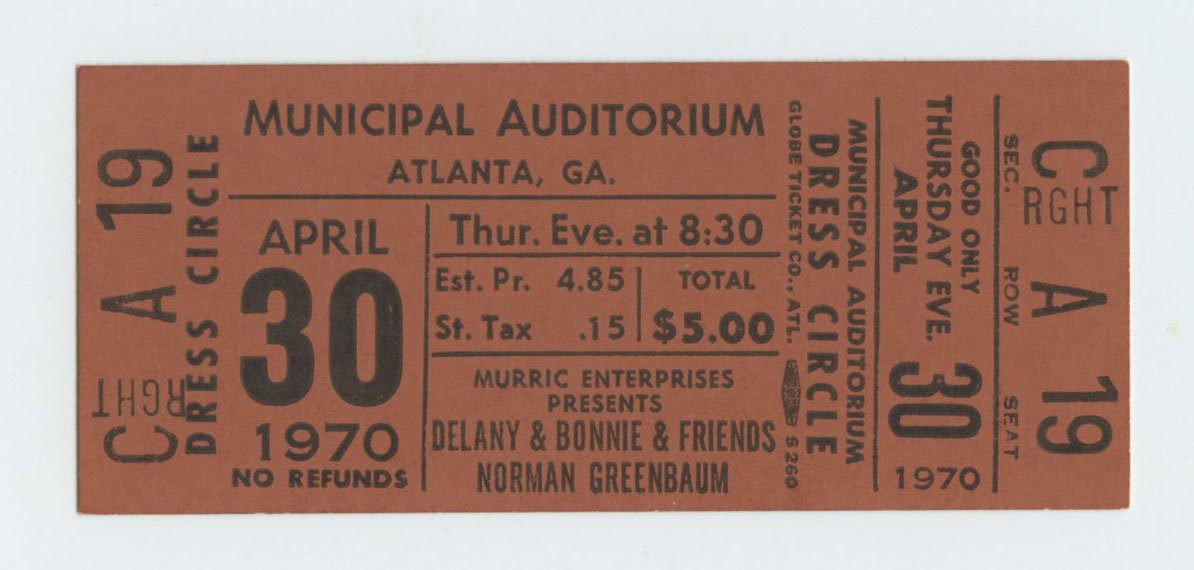 Delaney and Bonnie Norman Greenbaum Vintage Ticket 1970 Apr 30 Atlanta