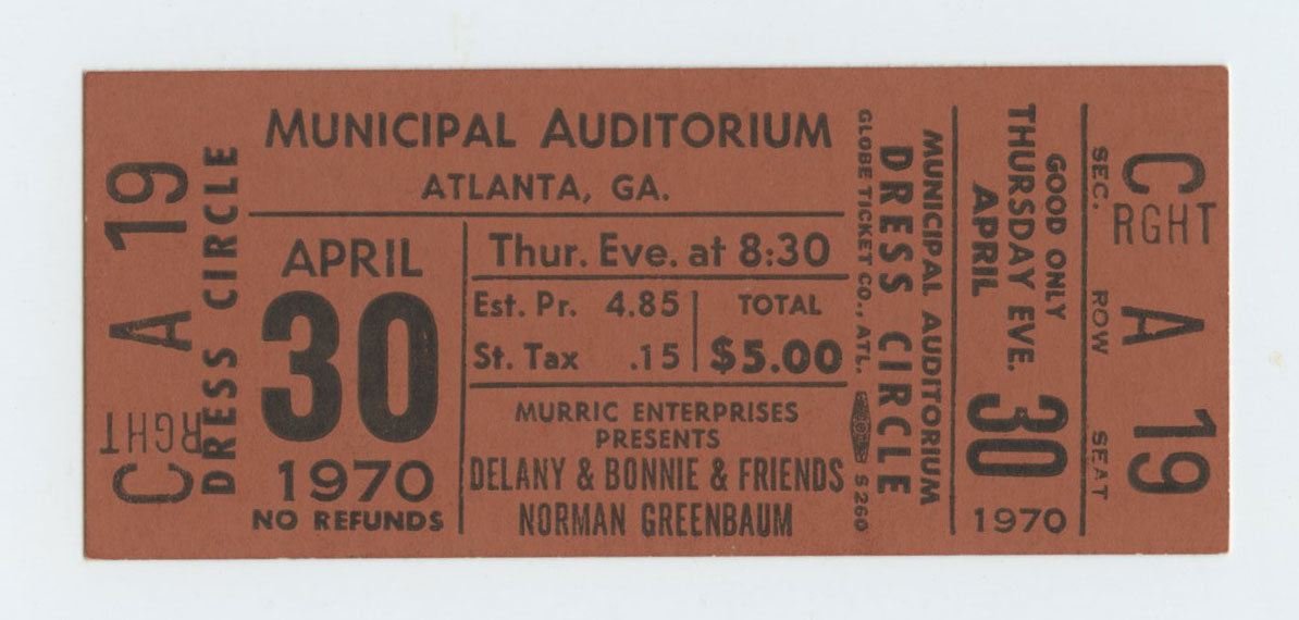 Delaney and Bonnie Norman Greenbaum Ticket Vintage 1970 Apr 30 Atlanta